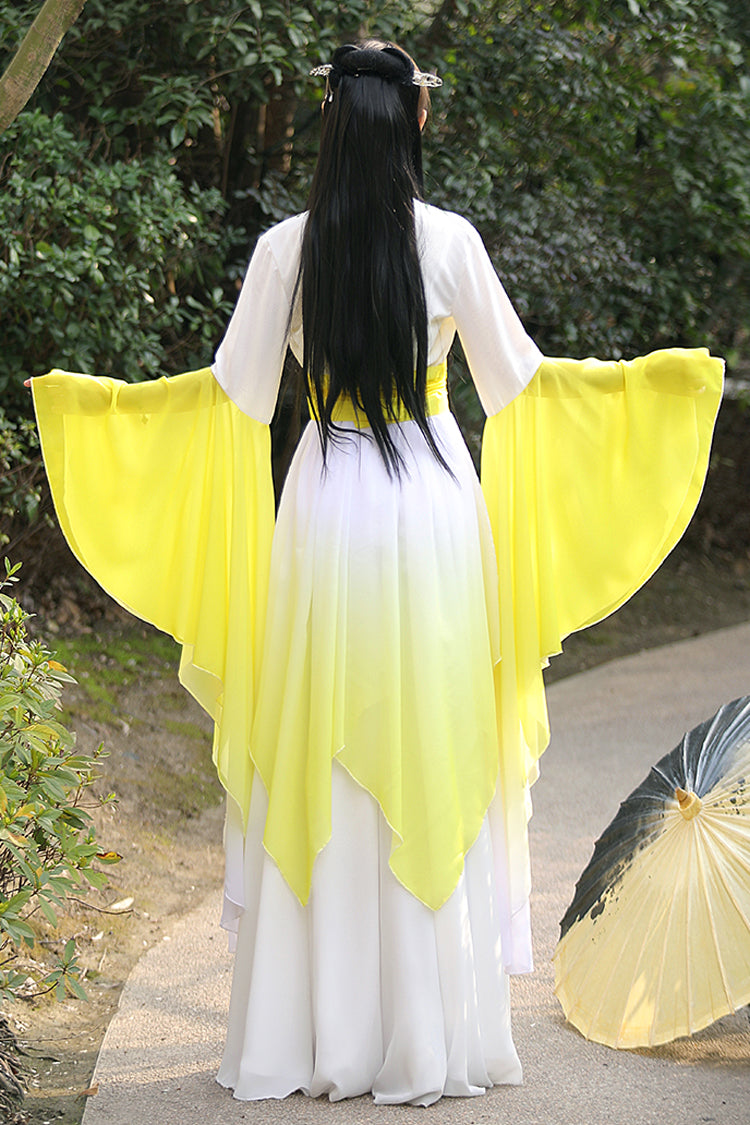 Ivory and Yellow Gradient Embroidery Asymmetric Sweet Hanfu Full Outfit