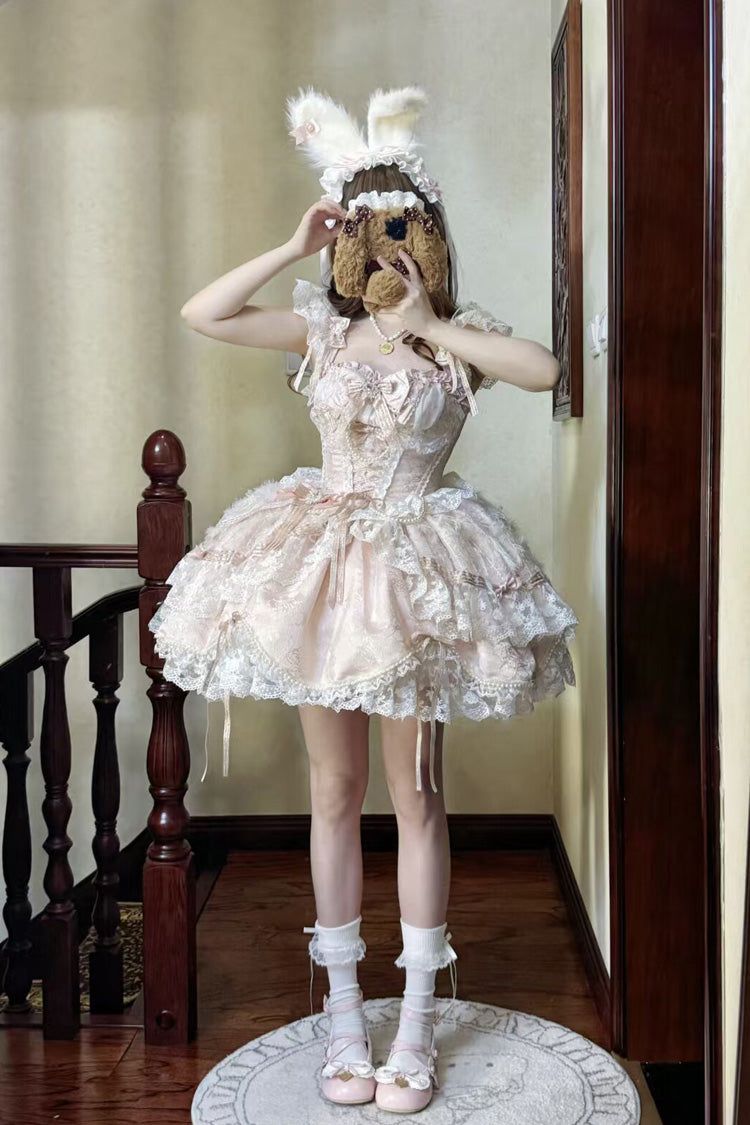 Anna's Ball Square Collar Ruffled Hanayome Bow Lace Ballet JSK - Pink