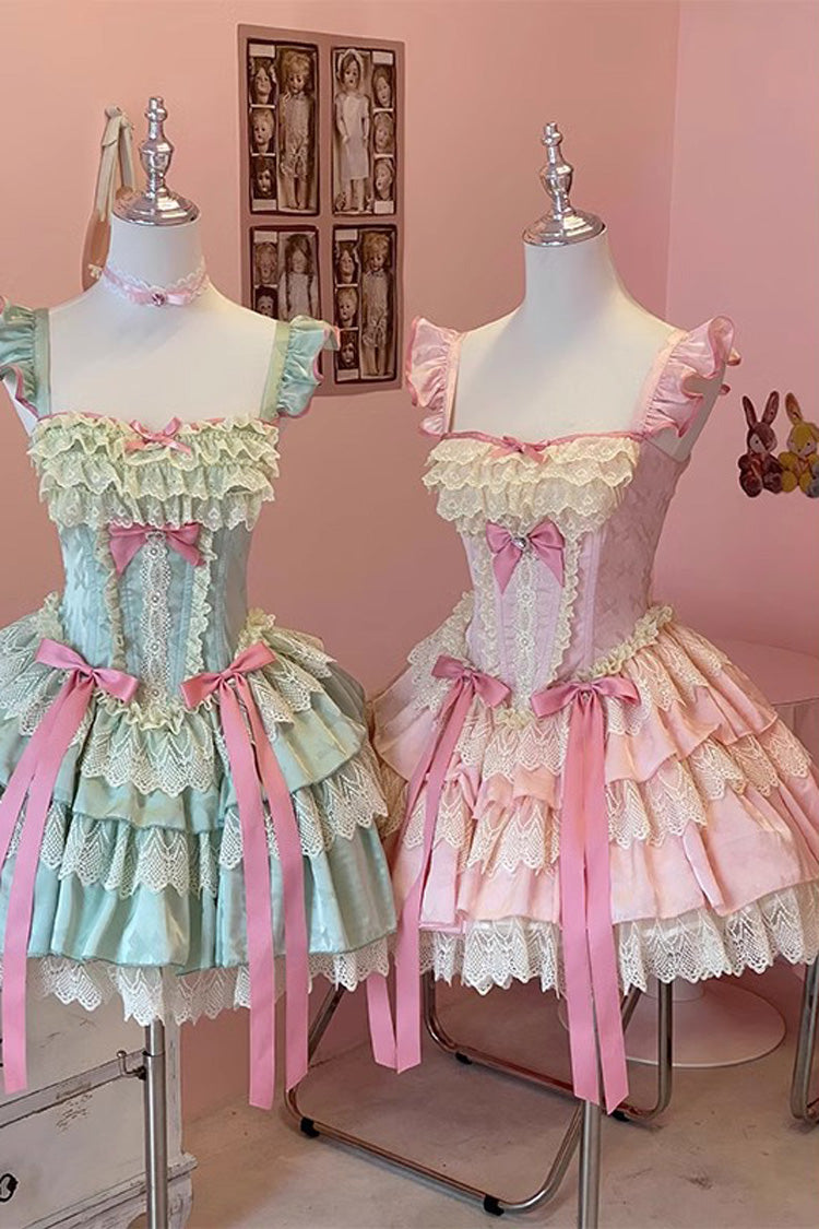 Pink Multi-Layered Ruffled Bow Lace Sweet Ballet Lolita Dress