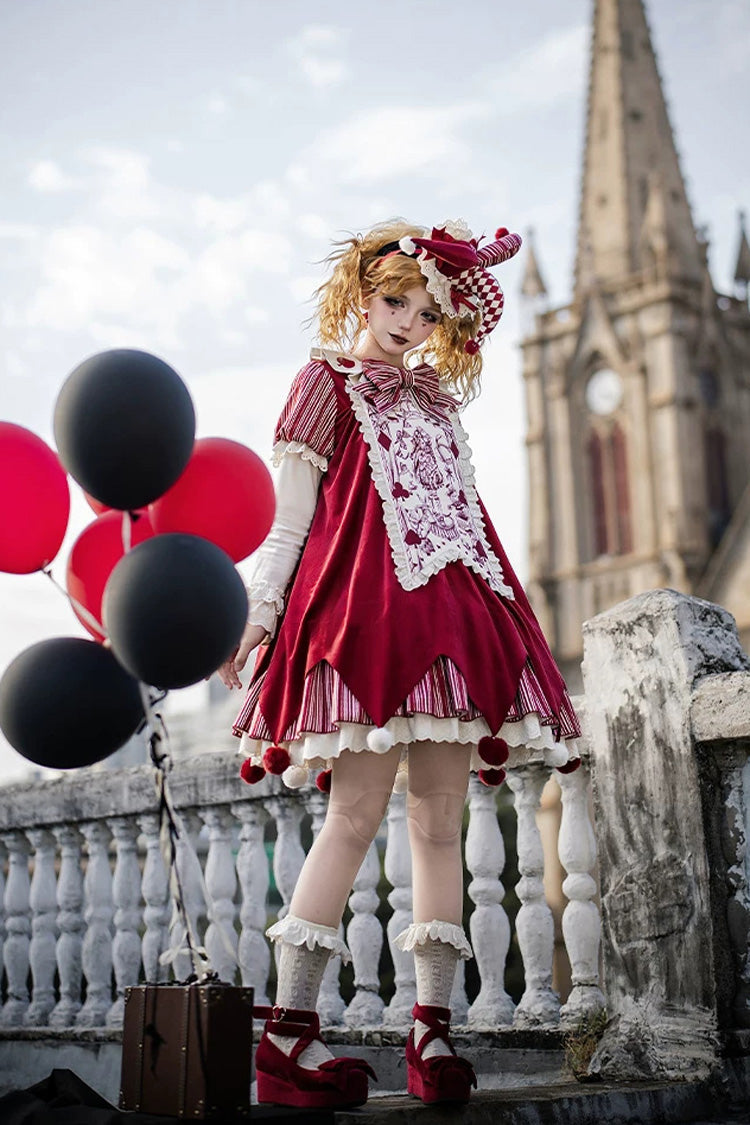 Gothic Lolita Dress Set with Ruffled Bow and Long Sleeves - Red