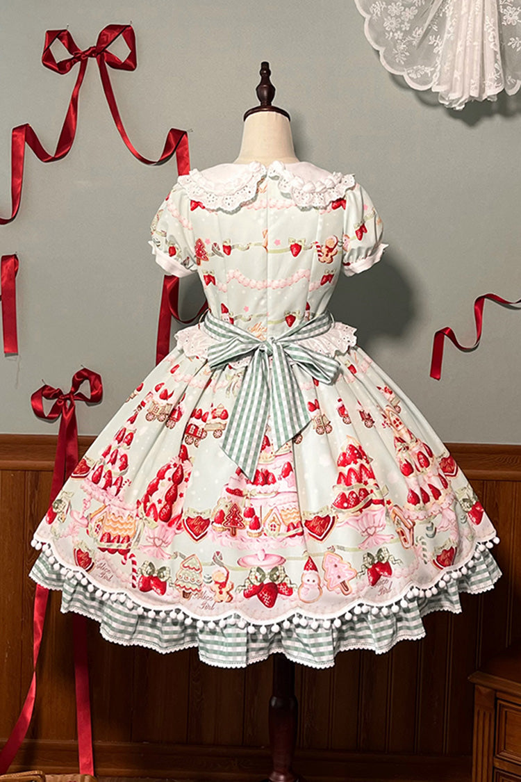 Mint Strawberry Dessert Printed Sweet Lolita Dress - Doll Collar Short Sleeved
