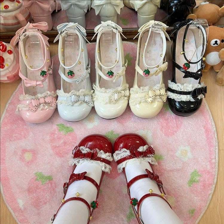 Lace Trim Bow Mary Janes with Ankle Bells - Mid Heel, 6 Tones