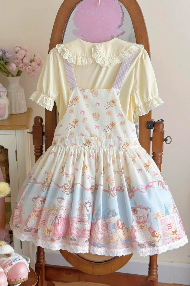 Blue/Pink Sheep Waltz Printed Ruffled Bow Lace Sweet Lolita Strap Dress - Miss Brown
