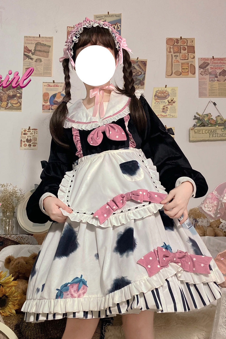 Cow Print Sweet Lolita OP Dress with Stitching and Bow Accents