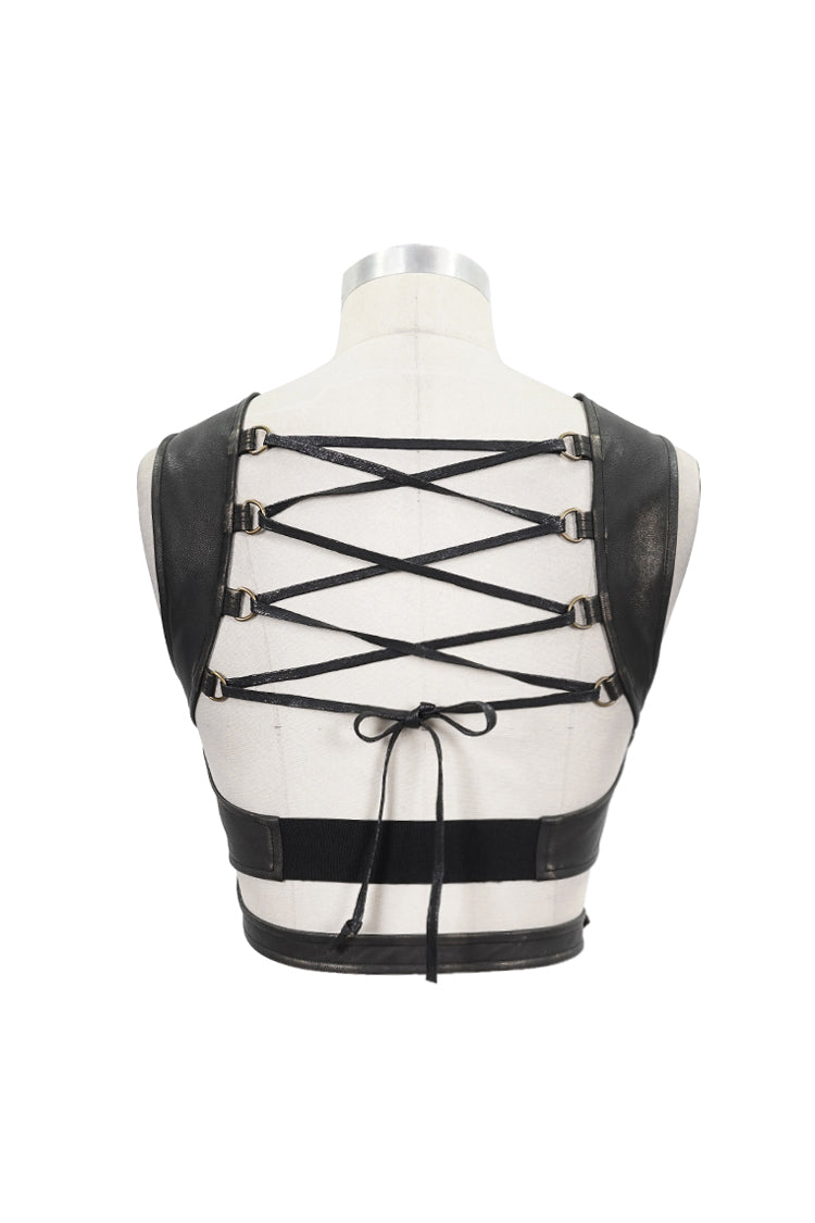 Vintage Hand Wiped Leather Shoulder Loop Backless Lace-Up Punk Waistcoat