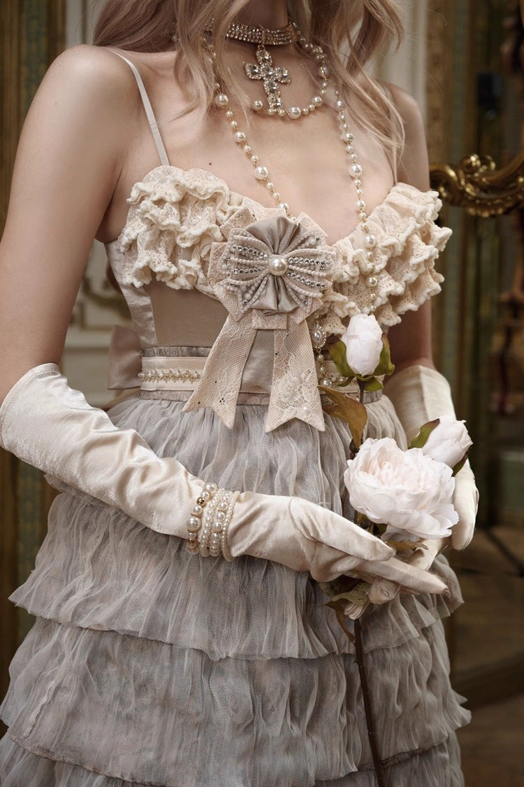 Beige Slavic Noble Lady Sleeveless Multi-Tiered Ruffled Bow Sweet Elegant Lolita Jumper Dress