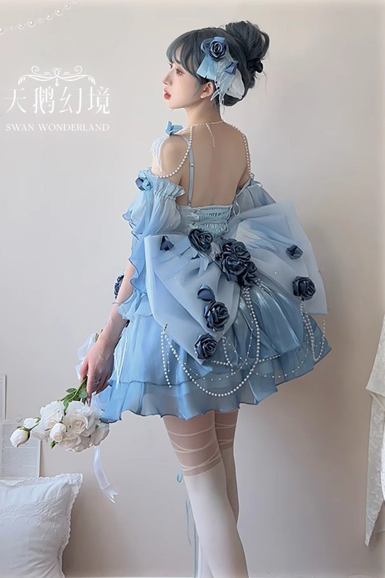 Sky Blue Swan Wonderland Embroidery Bowknot Lace-Up Ballet Jsk Dress Short