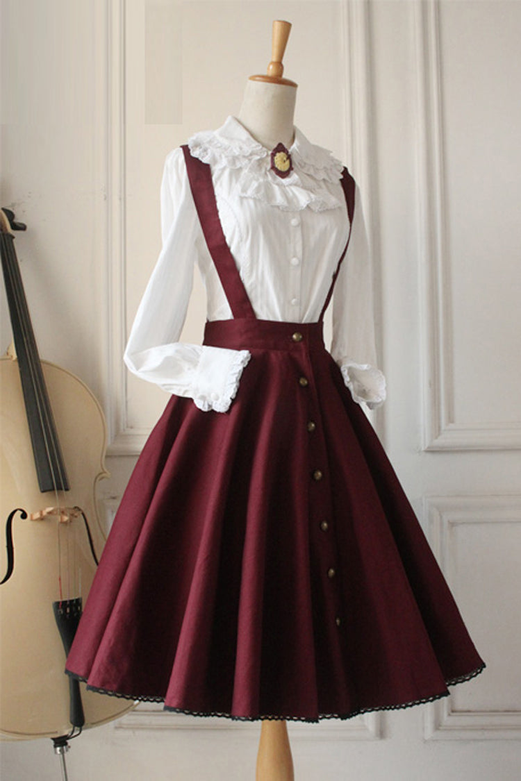 Wine Vintage Single Breasted Ruffled Classic Strap Dress - Sweet Lolita
