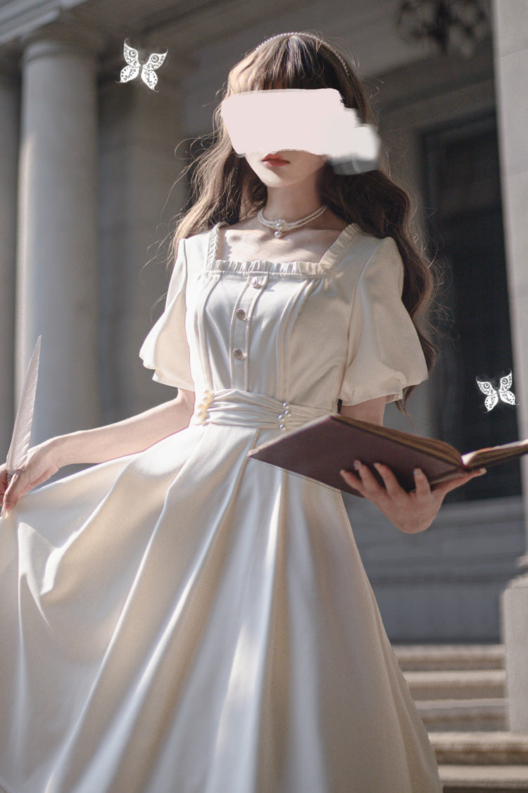 Apricot Classic Vintage Lolita Dress with Square Collar Short Sleeves and Ruffle Trim