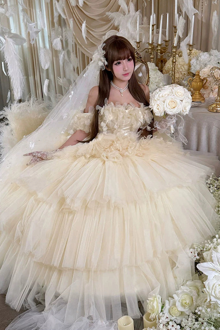 Apricot Sweet Lolita JSK Long Dress with Triple-Layer Ruffled Hanayome Bow Lace-Up and Sleeveless Design