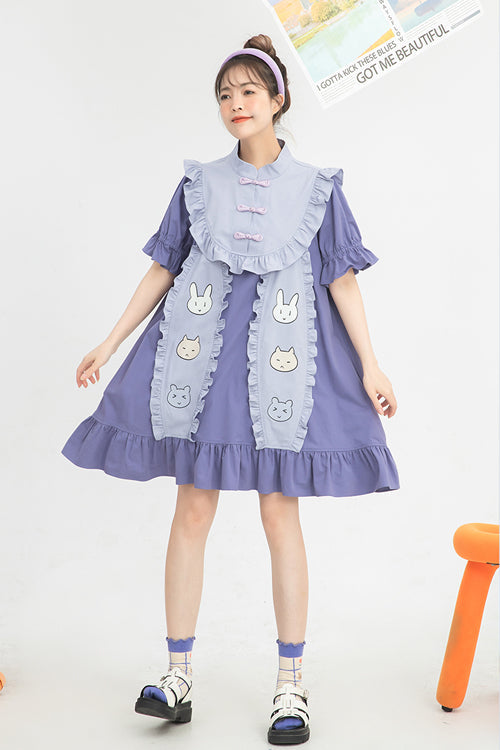 Lilac Chinoiserie Button Collar Short-Sleeved Ruffled Bunny-Ear High-Waist Doll Dress