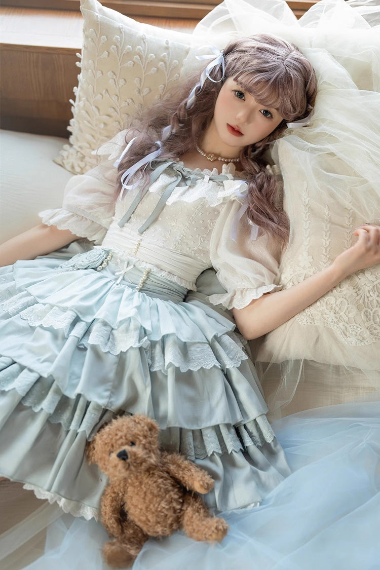 White/Blue Floral Ruffle Lolita Skirt Set - Sweet Lolita
