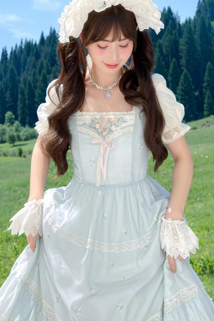 Azure Embroidered Sweet Princess Dress with Lace and Bows