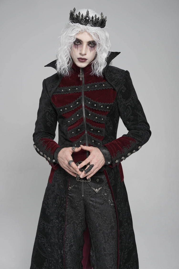 Noir & Red Crystal-Trimmed Printed Zip Gothic Overcoat