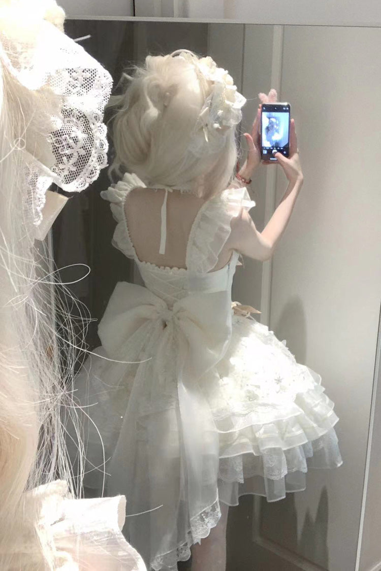 Cream First Love Multi-Layer Frilled Bow Lace-Up Elegant Princess Sweet Lolita JSK Dress