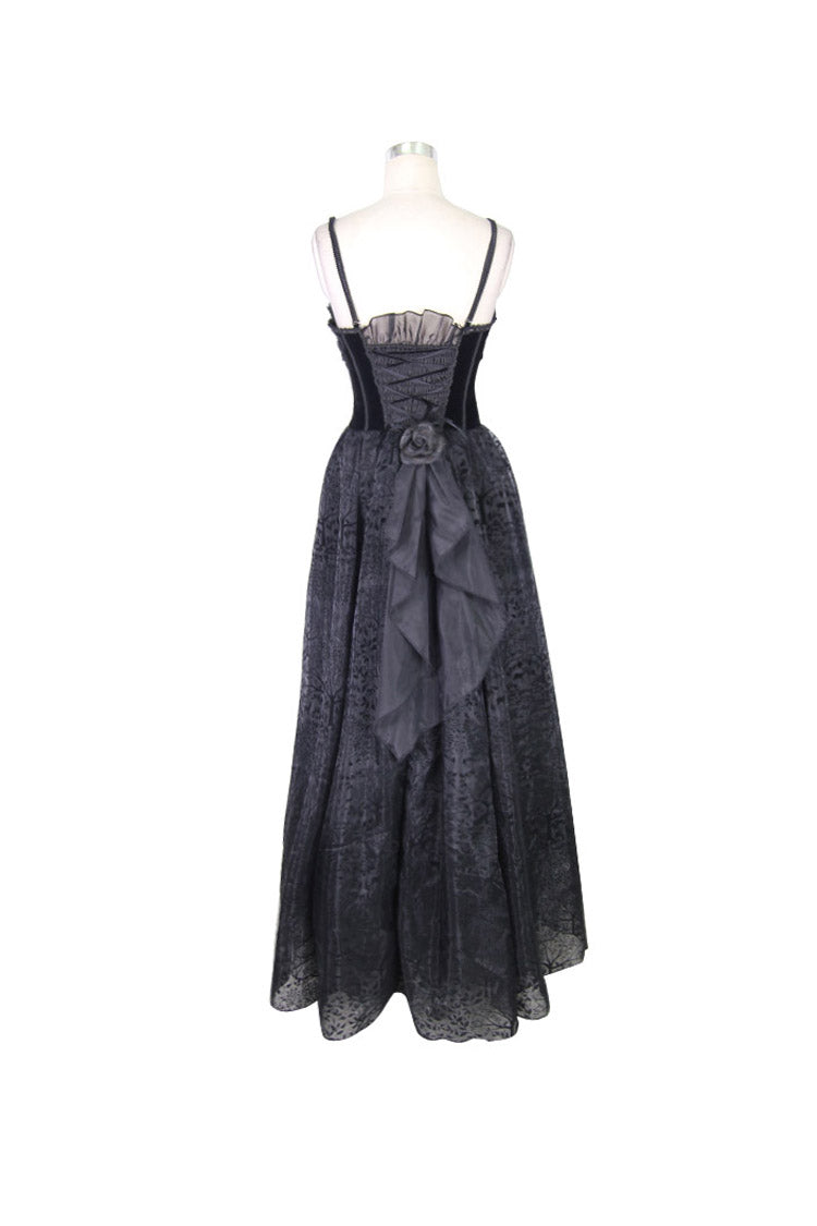 Women's Gothic Dress with Elk Brooch & Flocking Yarn Floral Print