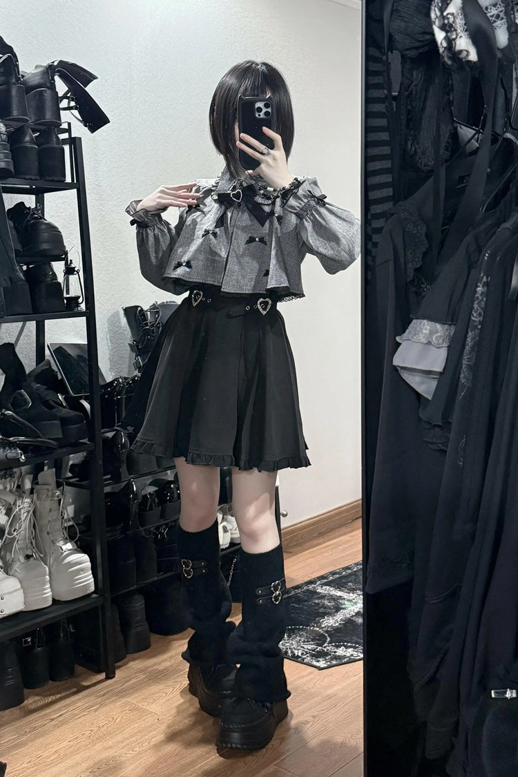 Double Heart Buckle Long Sleeve Ruffled Jirai Kei Set