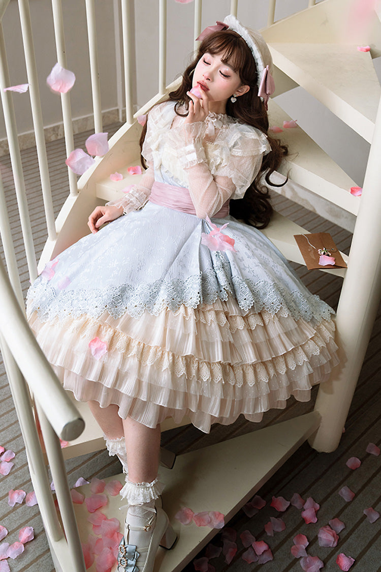 Multi-Color Cream Layers Asymmetric Sweet Lolita JSK Dress - Ruffled Cardigan