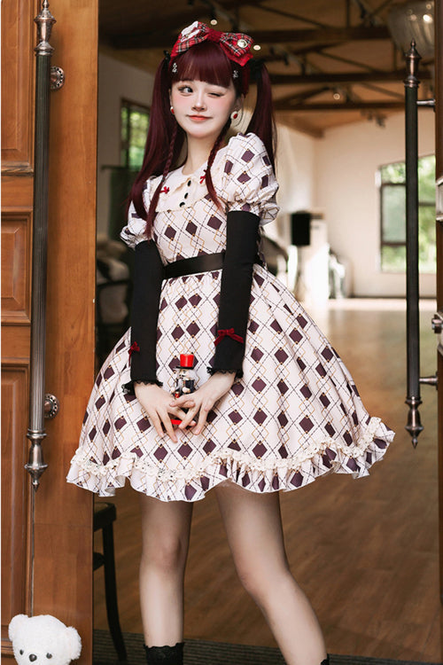 Pink Plaid OP Dress with Bubble Sleeves and Vest