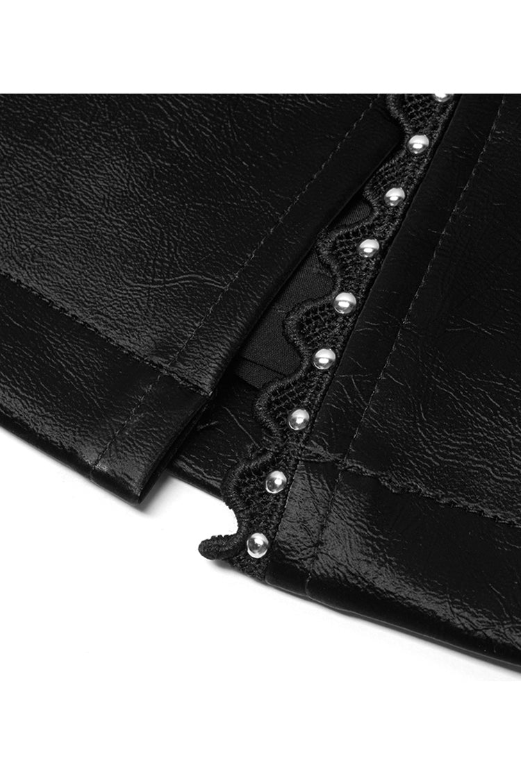 Leather Punk Skirt with Lace Slit and Rivet Trim