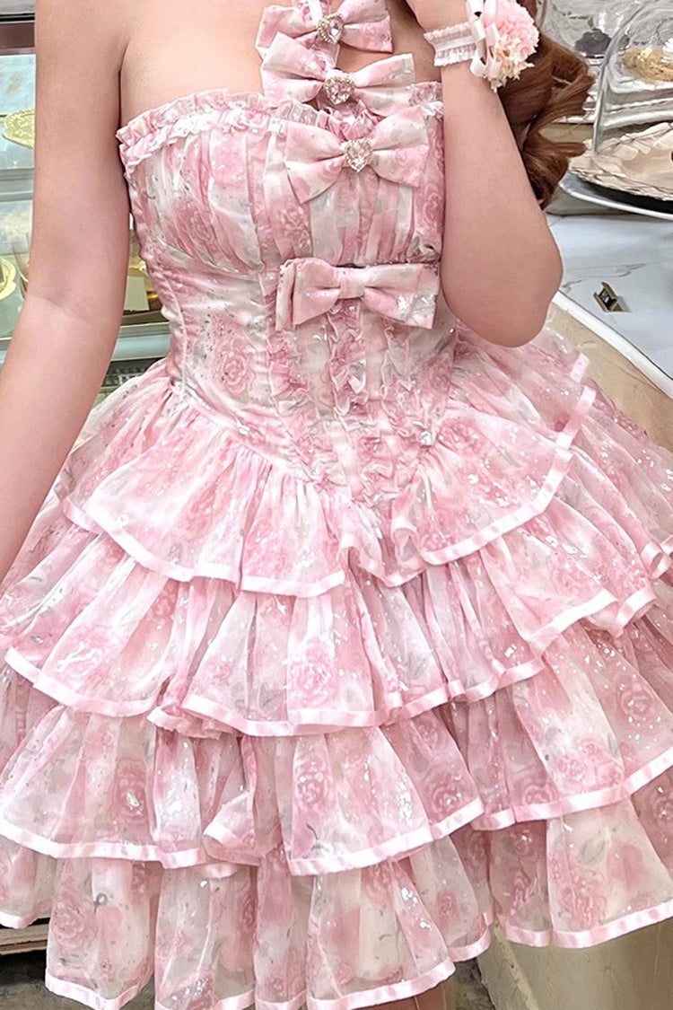 Pink Halterneck Sleeveless Multi Layer Bow Sweet Tiered Dress - Broken Silver Rose
