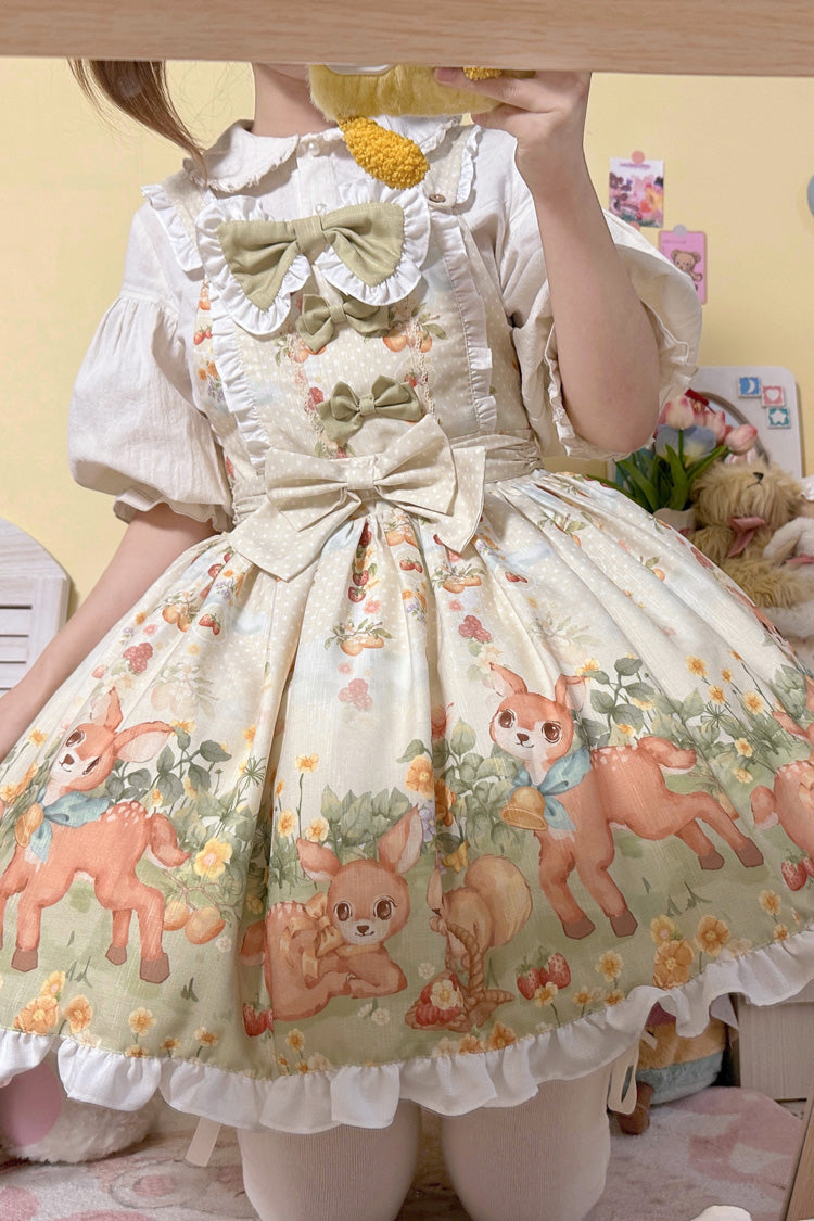 Multi-Color Little Deer Gathering Sleeveless Print Ruffle Bowknot Daily Sweet Lolita Strap Dress