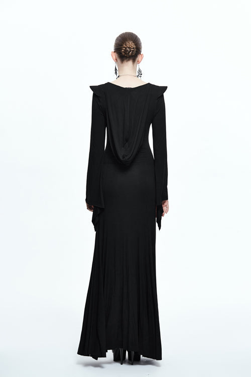 Hooded Knit Dress with Flared Sleeves and Fishtail Hem