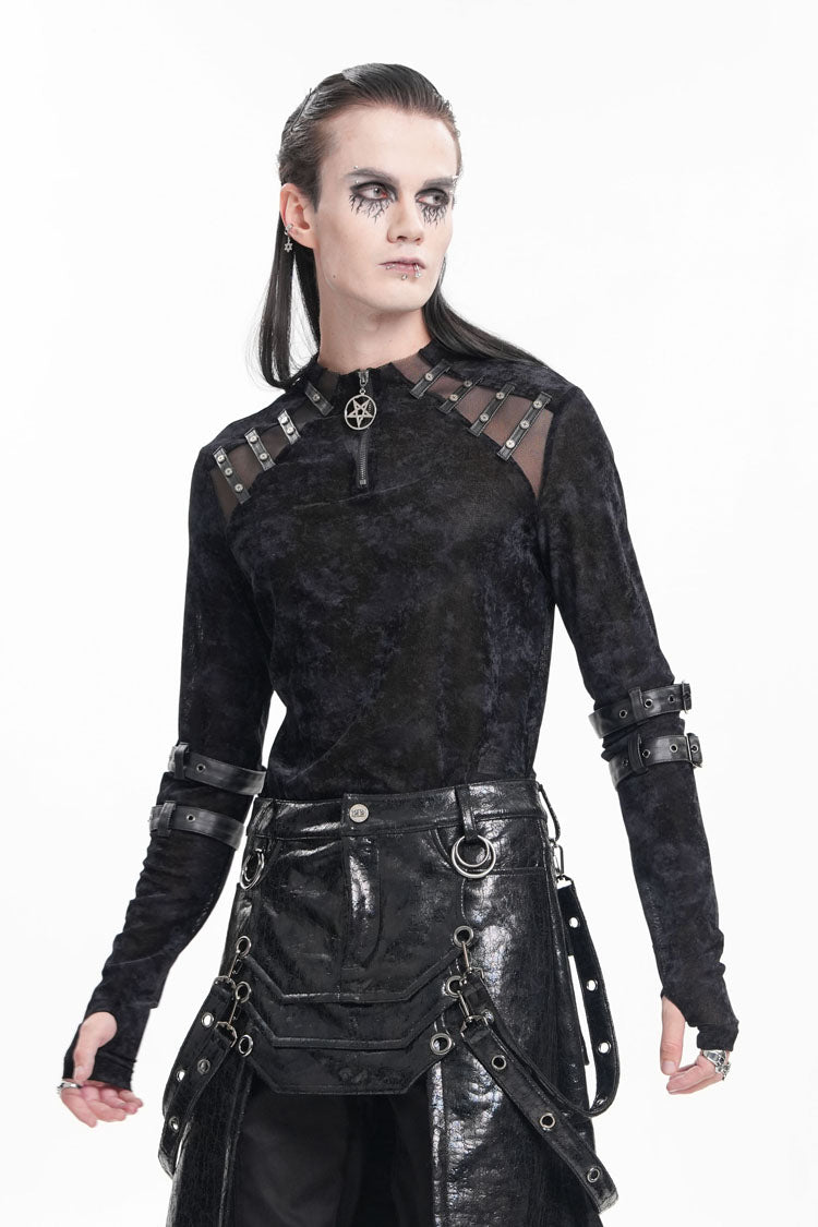 Midnight Crewneck Long-Sleeve Buckle Star Studded Gothic Tee for Men