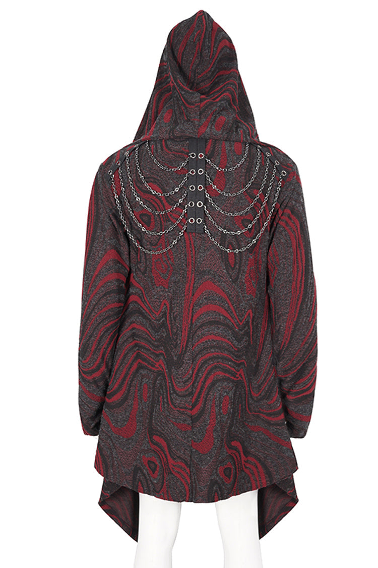 Scarlet Hooded Gothic Coat with Irregular Chains for Men