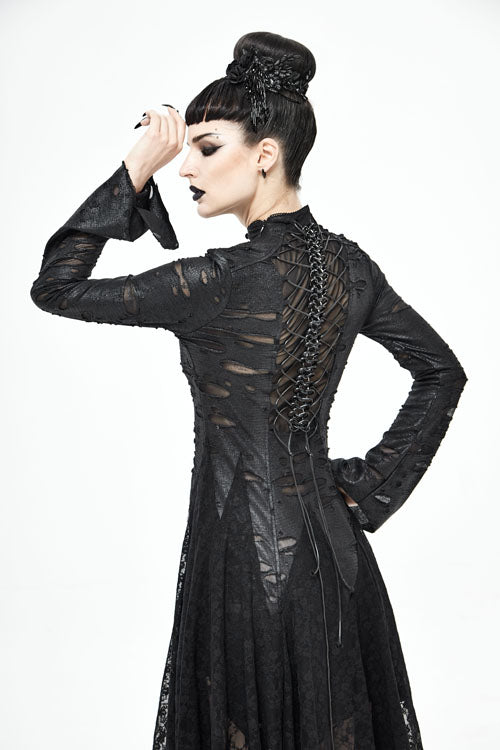 Gothic Dress with Dragon Spine Cutout & Long Sleeves, Black