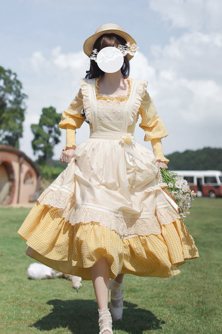Yellow Long Sleeve Print Dress with Lace-Up and Ruffles