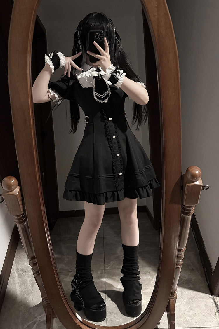 Black Angel Creed Ruffled Bow Stitched Lace Gothic College-Style Dress