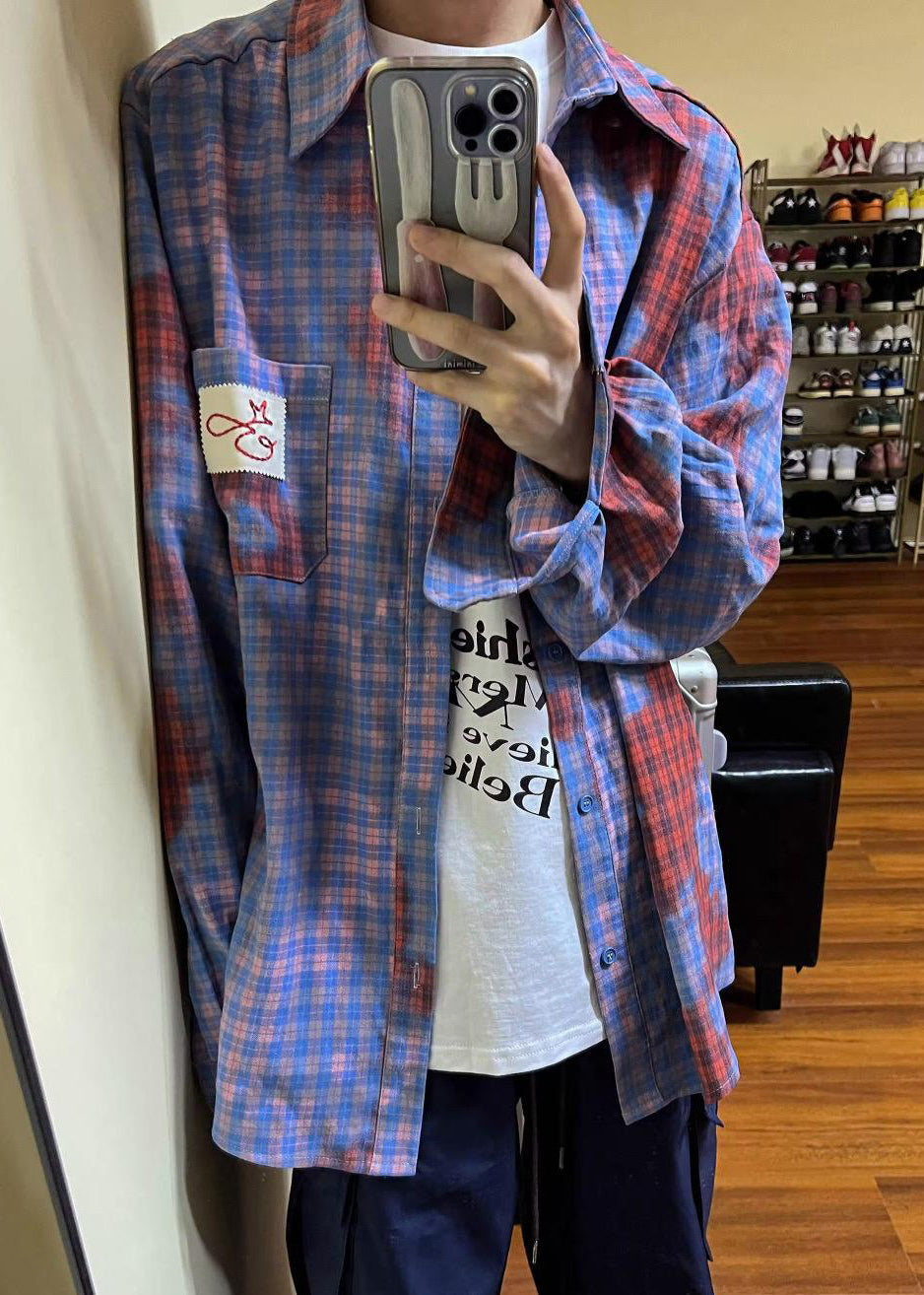 Shirts Spring Art Asymmetrical Plaid Cotton Men Pockets