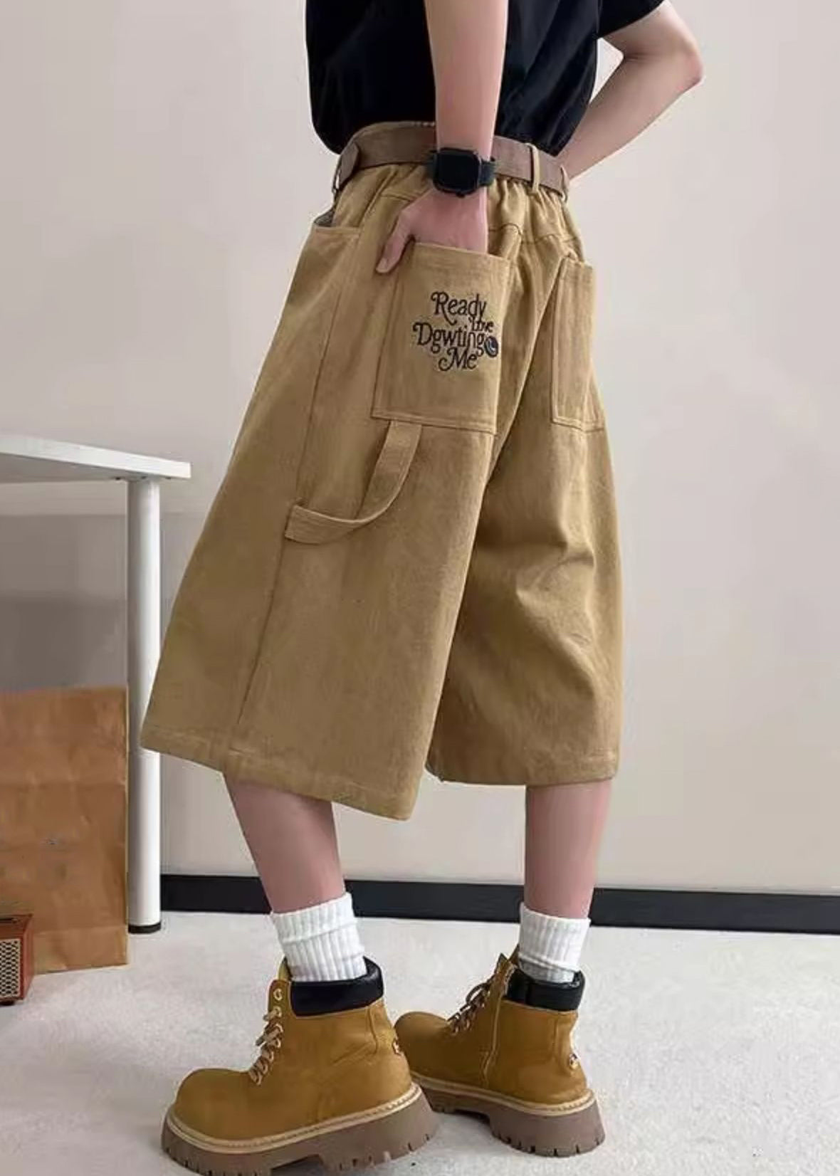 Khaki Mens High Crop Summer Letter Pockets Pants Art Waist