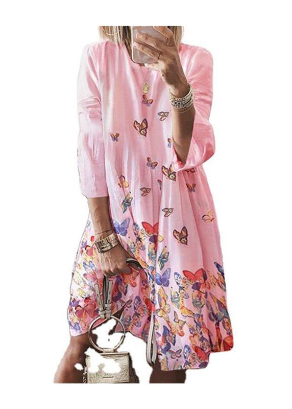 O Bohemian Butterfly Mid Dress Blue Print Summer Neck Cotton