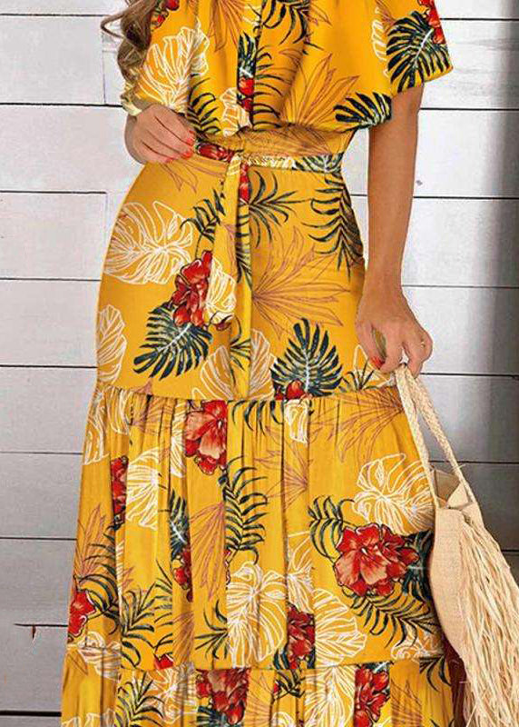 Bohemian Cold Wrinkled Short Maxi Dress Yellow Sleeve Print Shoulder