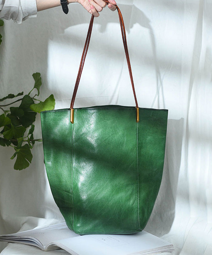 Bag Capacity Boho Large Green Leather Bucket