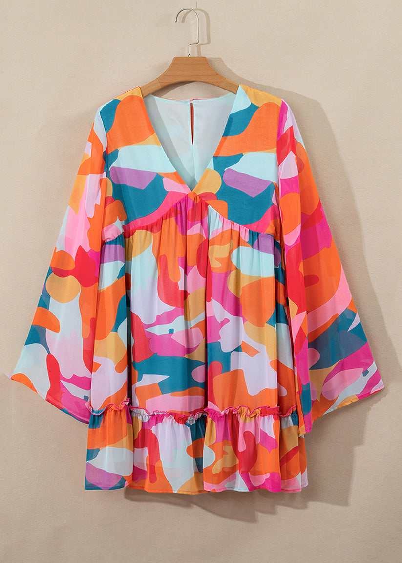 Boho Chiffon Red Print Mid Wrinkled Fall Dresses