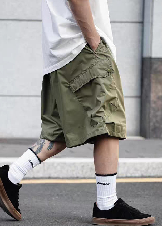 Solid Elastic Waist Pockets Shorts Cotton Summer Men Casual Black
