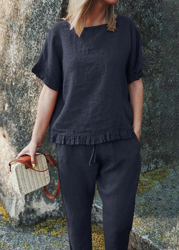 Ruffled Two Pants And Solid Black Top Patchwork Casual Crop