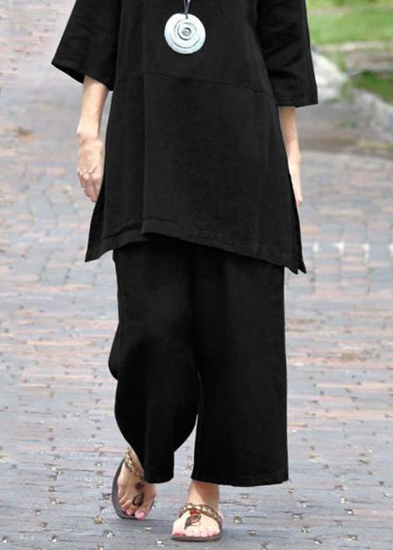 And Side Set Open Caramel Pieces Two Crop O-Neck Top Casual Pants