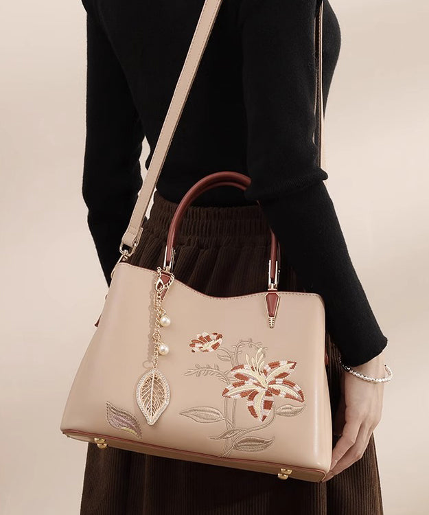 Embroidery Chic Calf Apricot Bag Tote Leather