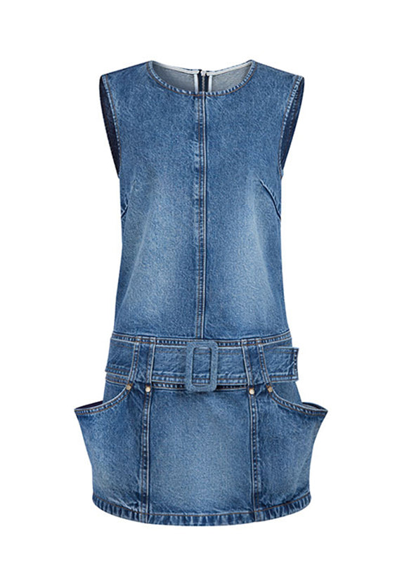 Sleeveless Denim Blue Sashes Patchwork Mid Dress O-Neck Chic
