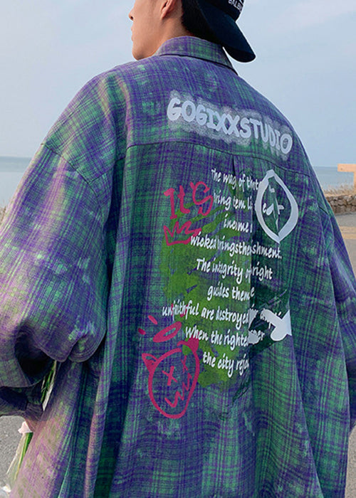 Dye Chic Tie Oversized Plaid Shirts Men's Spring Green Cotton