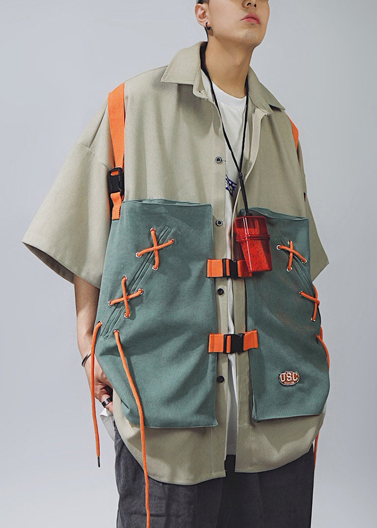 Chic Shirts Up Cotton Khaki Men Patchwork Lace Sleeve T Half