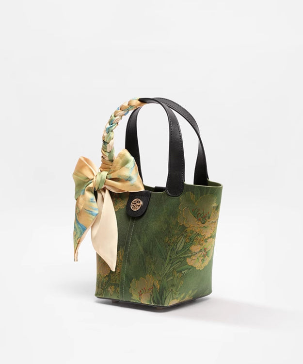Silk Versatile Print Handbag Green Chinese Style Tote