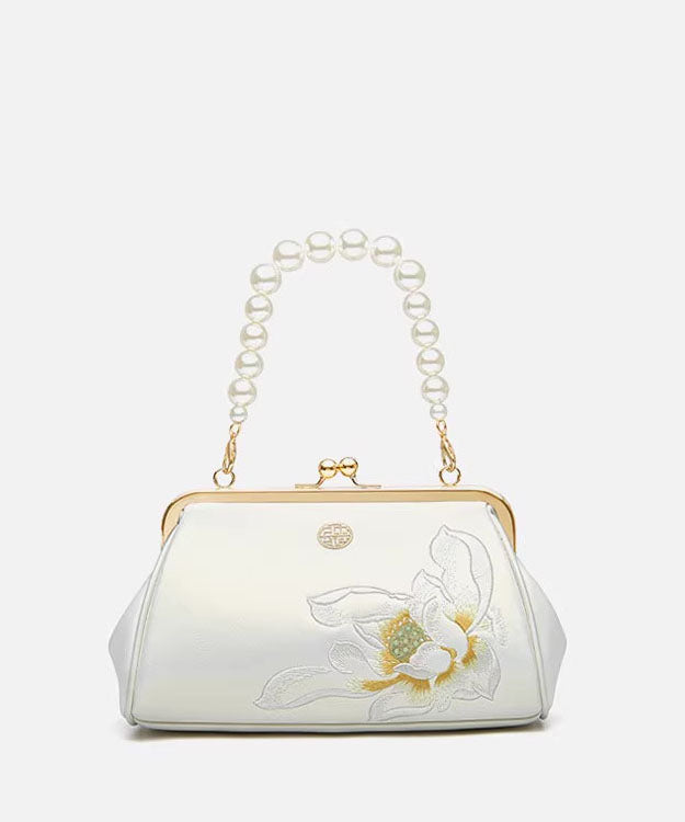 Chinese Cowhide Embroidered Pearl Handbag Crossbody White