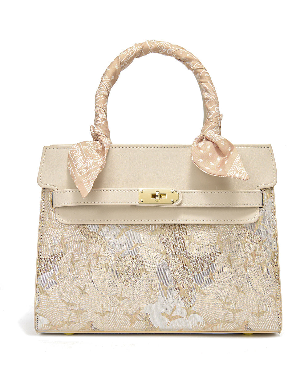 Micro Faux Bag Classy Beige Leather Embroidered