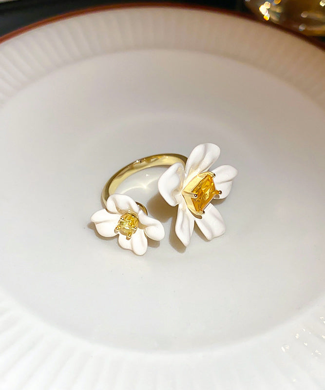 Rings Floral Zircon Open Copper Acrylic Elegant Overgild White