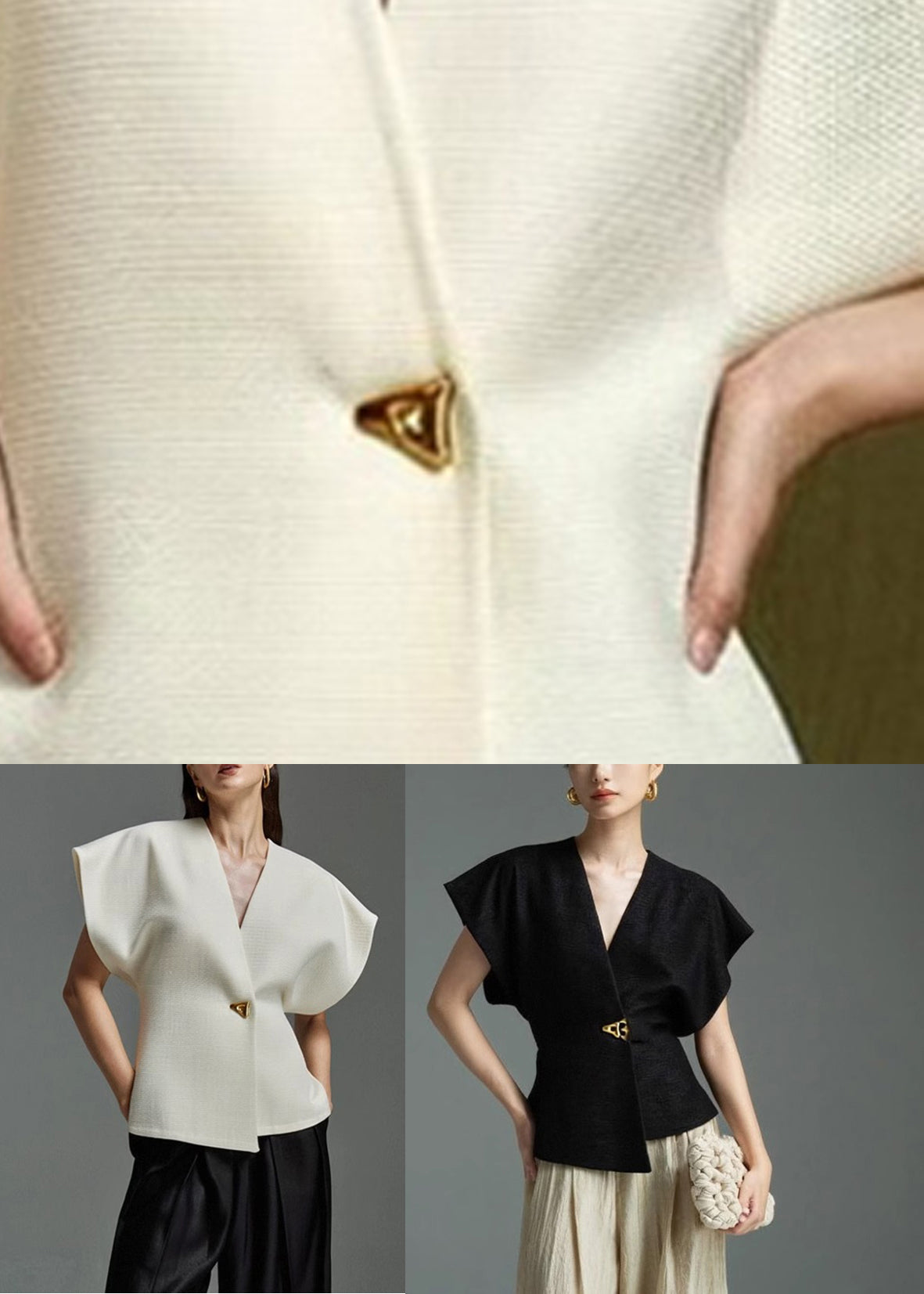 Elegant Summer Top Button Neck White V